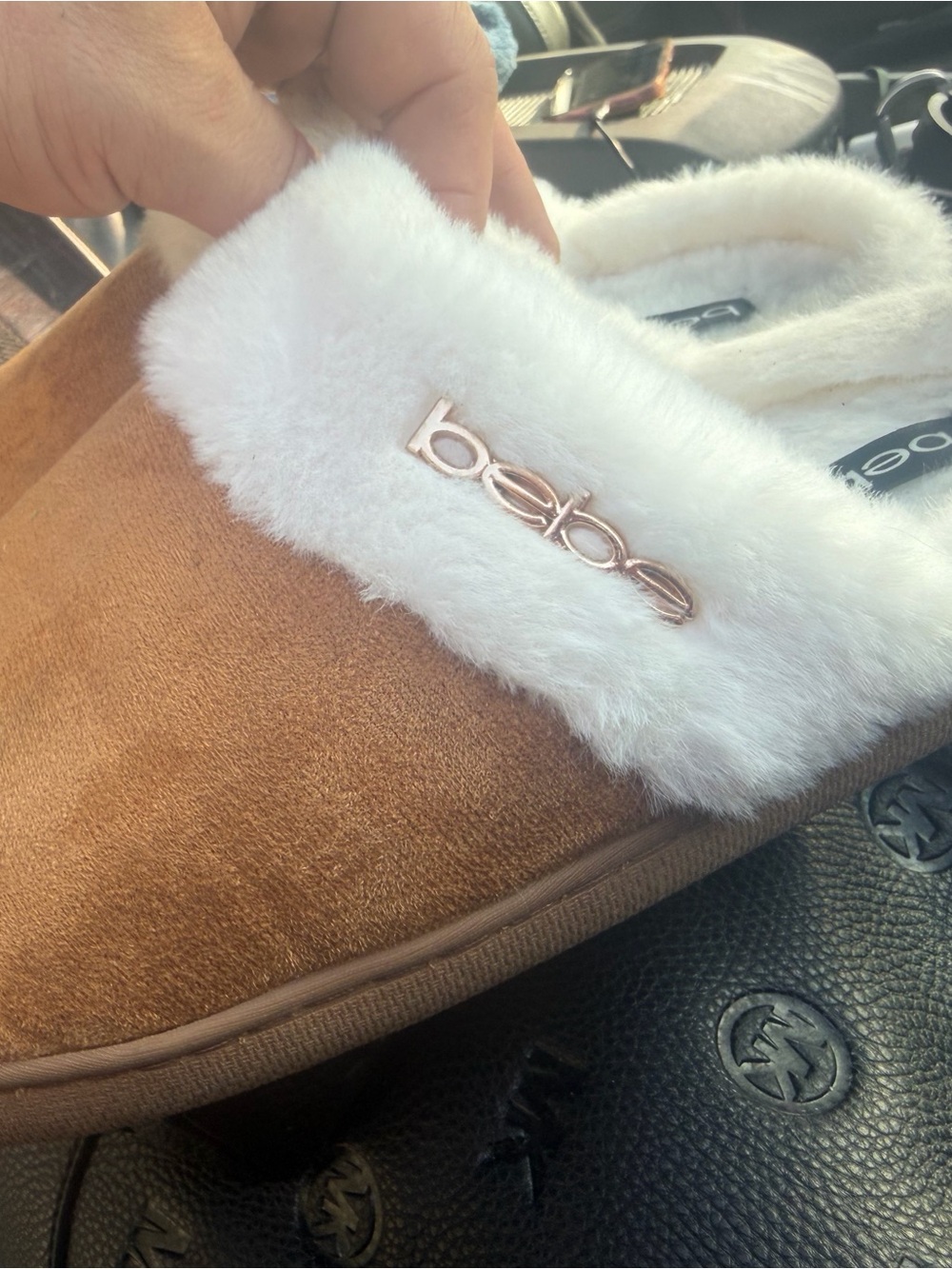 bebe Chestnut Faux-Suede Slippers with White Faux-Fur Trim